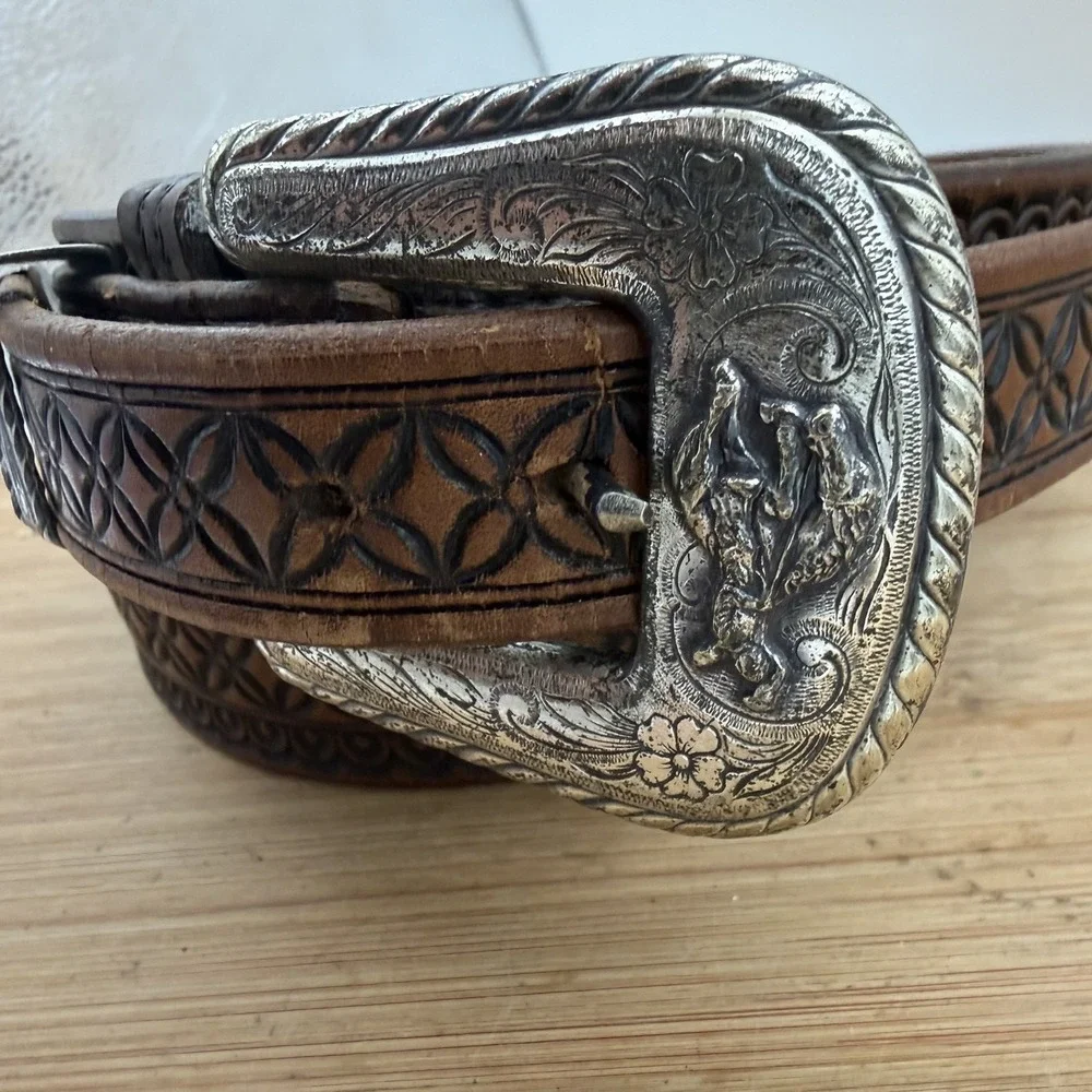 1930's Justin-Barton Tooled Western Leather Belt Size 40 Fort Worth Tx‎ Cowboy